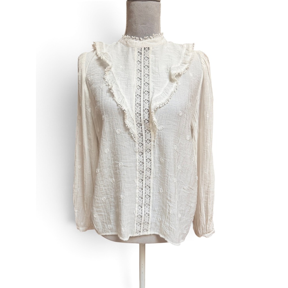 Zara White Swiss Dot Lace Ruffle Victorian Blouse M Long Sleeve Prairie Boho